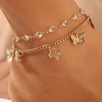 European and American Cross-border Hot Jewelry Rhinestone Butterfly Pendant Double-layer anklet Women's Simple Fashion Foot Jewelry Fashion Accessories