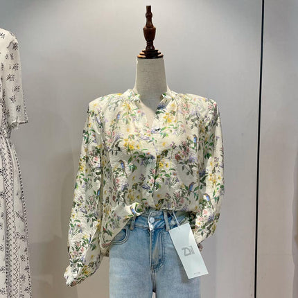 Small Floral Chiffon Shirt for Women, Designer Spring Season Top, Small French Sweet Style Shirt, Long Sleeves for Women