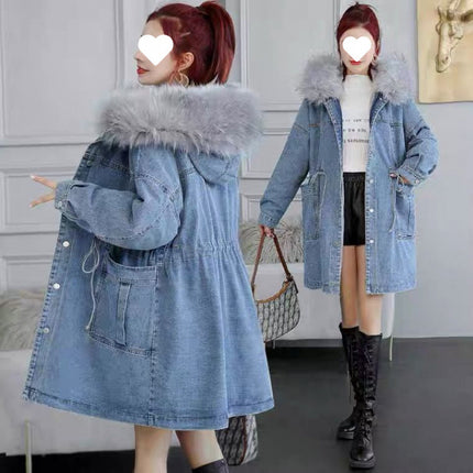 fleece-lined Thickened Denim Cotton-padded Coat Women's Autumn and Winter New Korean Style plus size Loose Western Style All-match Mid-length Cotton-padded Coat