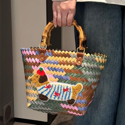 2026 New Retro Striped Dachshund Dog Woven Basket Bag Handbag for Office Workers and Students, Women's Lunch Box Bag