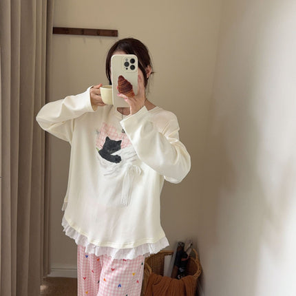 Autumn and Winter Long-Sleeved Trousers Casual Pajamas Nap Kitten Fashion Lace Can Be Worn Outside Home Clothes Set