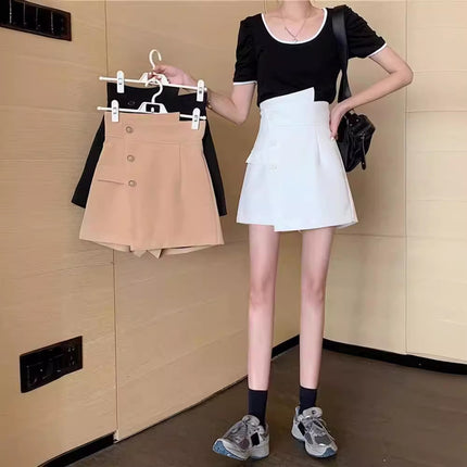 Irregular design suit culottes European and American high waist shorts women's A- line hip slimming temperament row button front skirt back pants