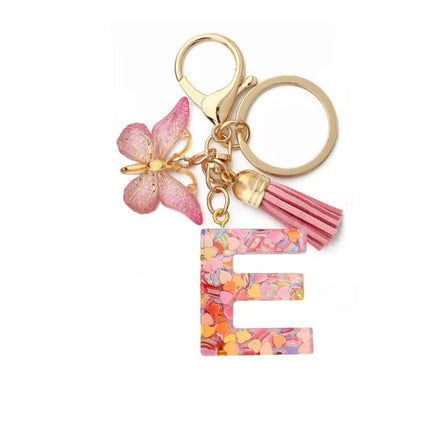 1 Px Pink Heart Sequins Resin English Letter Key Chain Pendant Butterfly Tassel Accessories Key Hanging