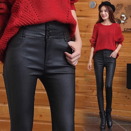 Matte Pu Leather Pants for Women, Fleece-Lined, High-Waisted, 2025 New Style, Slimming Versatile Skinny Leggings for Women, Suitable for Outerwear