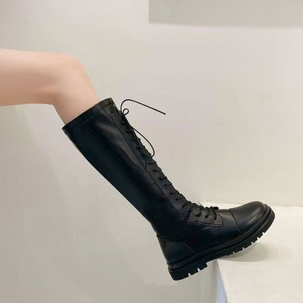 Knight Boots Women's 25 Autumn and Winter New Versatile Elastic Slim Boots Lace-Up High Boots Flats Bottom No-Knee Boots