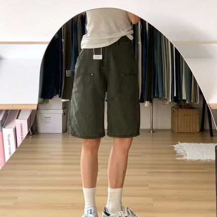 American Military Green Workwear Five-Point Jeans for Women Summer 2025 New Medium Pants Straight Sycamore Wide-Leg Shorts