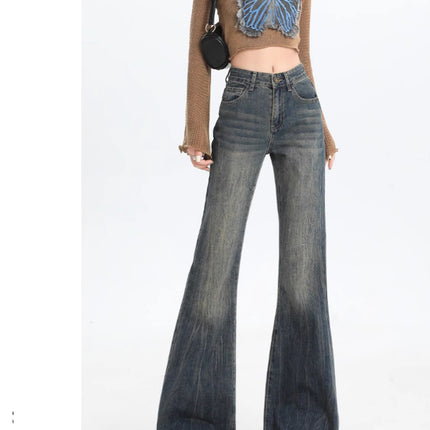 American Retro Flared Jeans for Women, Spring and Autumn New Vintage Design, Niche Slimming Floor-Length Bootcut Pants