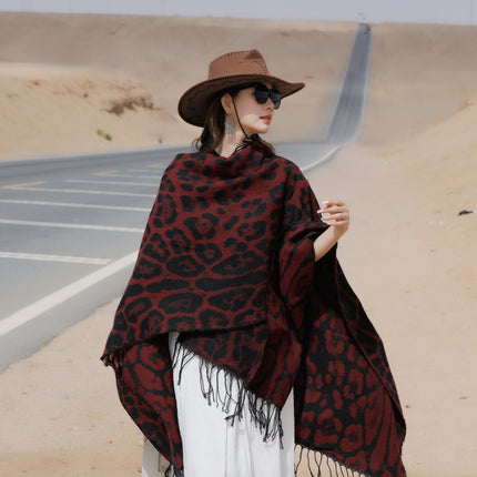 Leopard Split Towel Warm Tassel Shawl Thickened Xizang Northwest Desert Windproof Cape Women's Travel
