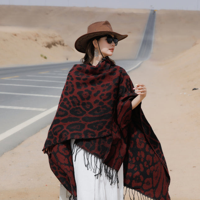 Leopard Split Towel Warm Tassel Shawl Thickened Xizang Northwest Desert Windproof Cape Women's Travel