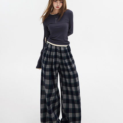 Korean Style Plaid Sanding Drawstring Casual Pants Women's Autumn and Winter New Wide Leg Pants 2024 Slimming All-match Mop Pants