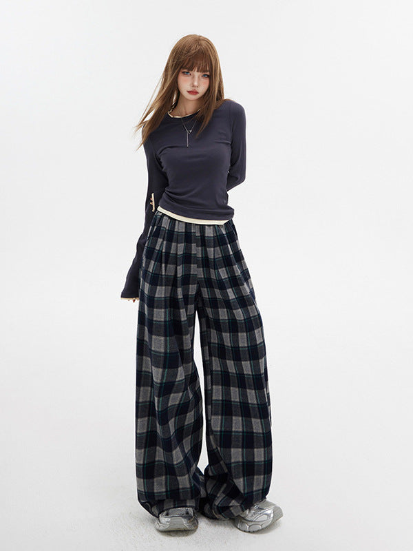 Korean Style Plaid Sanding Drawstring Casual Pants Women's Autumn and Winter New Wide Leg Pants 2024 Slimming All-match Mop Pants