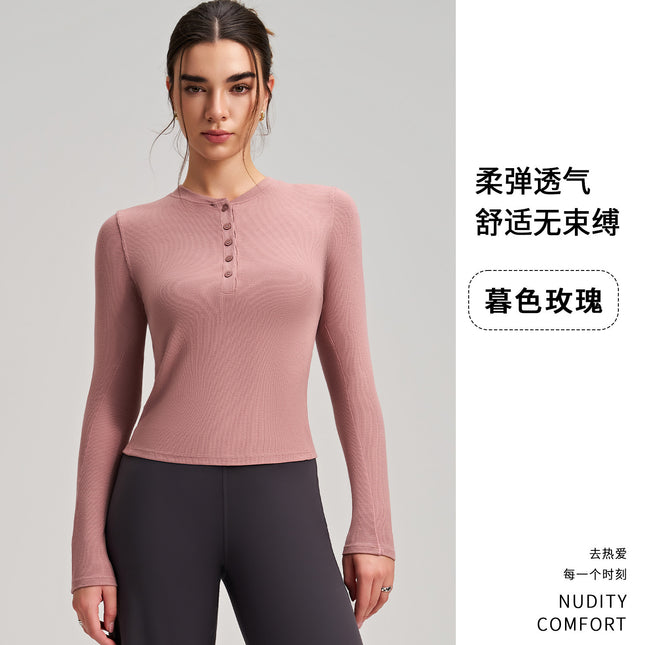2026 New Yoga Long-Sleeve Top Slim Fit Slimming Sports Henley Shirt Sports Yoga Wear Running Fitness Long-Sleeve