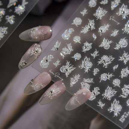Crystal Diamond White Lily Rose Butterfly Nail Art Sticker Embossed 3D New Ins 5D Flower Nail Sticker Decoration