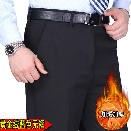 Autumn and Winter Thick Fleece-lined Thickened Middle-aged Men's Non-pleated Casual Pants Non-ironing Straight Middle-aged and Elderly Business Casual Pants