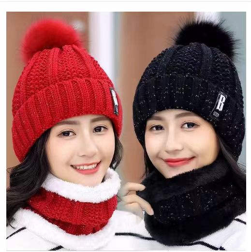 Winter Korean Style Woolen Hat for Women with Velvet and Thickeneded Scarf for Mothers to Heattech and Cold-Proof Knitted Trendy Hat for Cycling