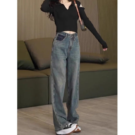 American Style Retro Wide Leg Jeans Women's Trendy All-match New Popular Fashion High Waist Slimming Straight Pants