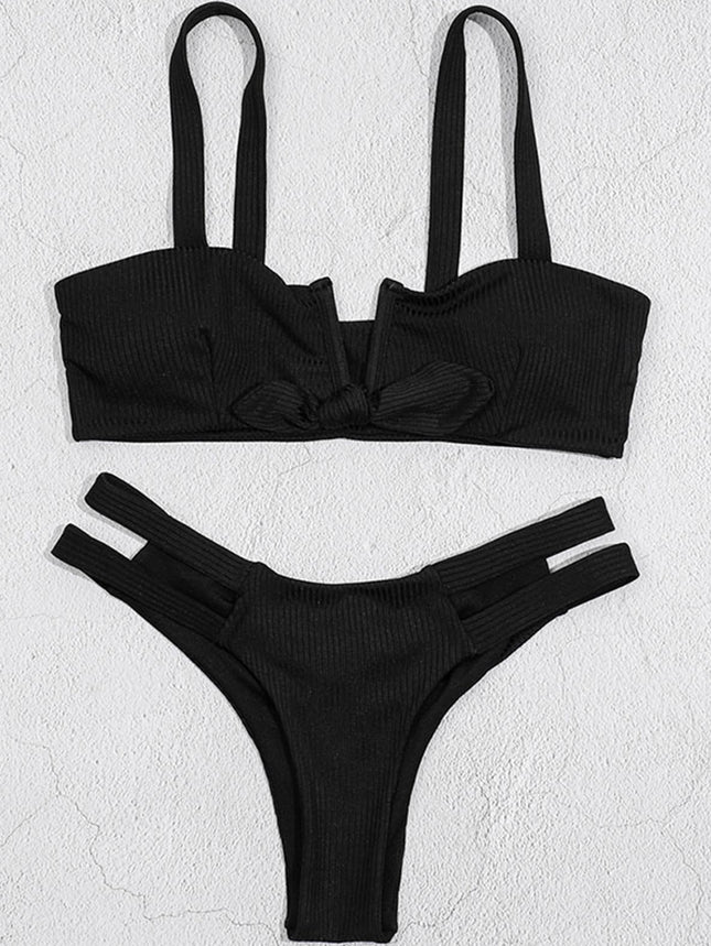 Billion Swimming 2024 Cross-border New Solid Color Bow Low Waist Bikini Women's European and American Sexy Split Swimsuit