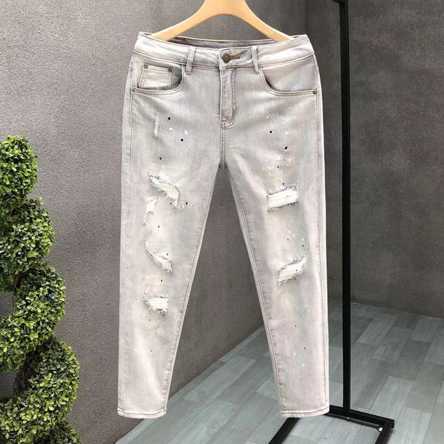 Light-Colored Cropped Ripped Jeans for Men, Summer Thin Style, Trendy Brand, Spray-Painted, Vintage Distressed, Scratched, Patched Skinny Pants