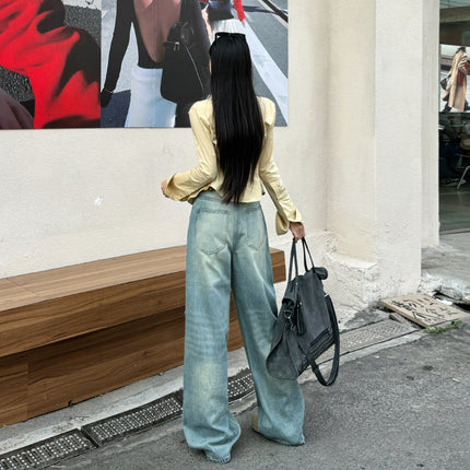Bumi House# Retro Ripped Jeans Women's 2025 Spring New Straight Loose High Waist Design Mop Pants