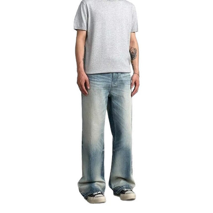 American High Street Original Cow Simple A-Line Washed Blue Straight Loose Floor-Length Jeans Men's Trendy Style