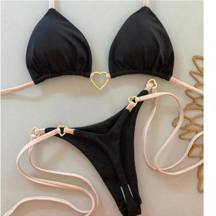 2025 New European and American Metal Decorative Halterneck Push-Up Bikini Brazilian Sexy Pure Color Split Swimsuit Bikini
