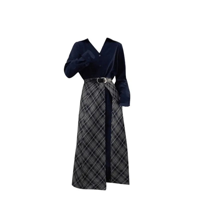 Fashionable Design Fake Two-Piece Shirt Dress Early Spring New Women's French Style Plaid Short Skirt