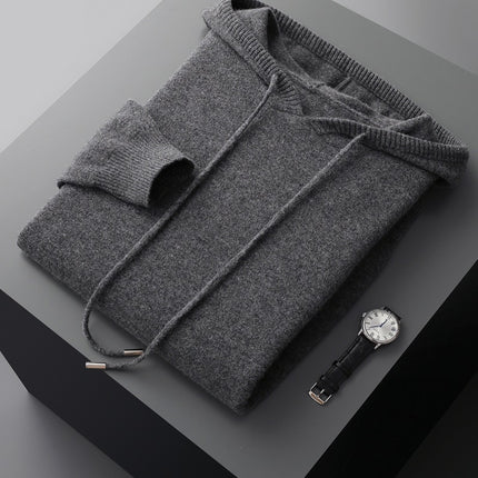100 Pure Wool Sweater Men's Hoodie with Pocket Solid Color Loose Knitted Sweater Long Sleeve Hooded Sweater New Base Sweater