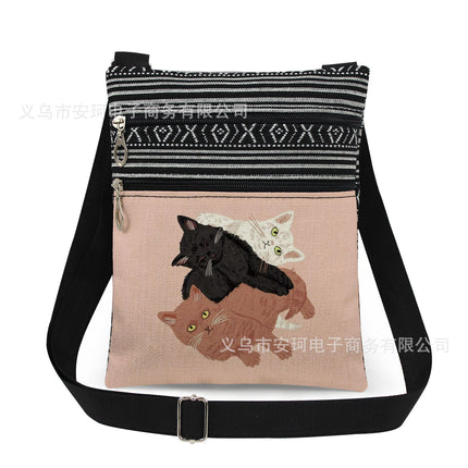 Cross-Border New Product Double Zipper Cat Print Single Shoulder Crossbody Bag Ultra-Light Cross-Border Style Messenger Bag Fashionable and Cute Women's Bag