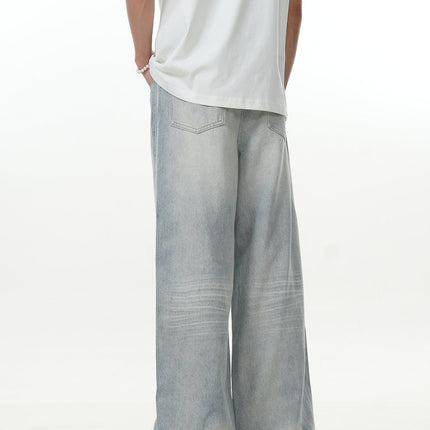 11Kn American Light Blue Straight Jeans for Men and Women, Simple Slimming Look Knife-Cut Destroyed Loose Wide-Leg Casual Pants