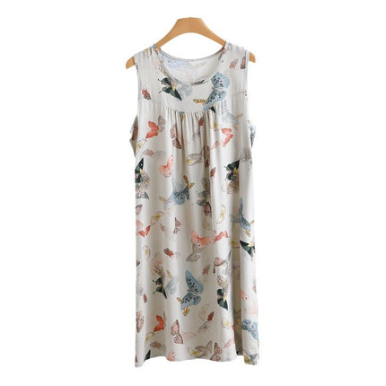 Summer Cotton Silk Nightgown for Women Thin Artificial Cotton Floral Sleeveless Korean Style Loose Large Size Home Wear Pajamas Vest Dress