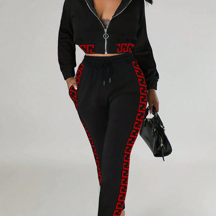 Cross-Border Amazon Women's Spring and Autumn Fashion High-End Casual Suit with Crop Top Zipper and Floral Patchwork Long Pants