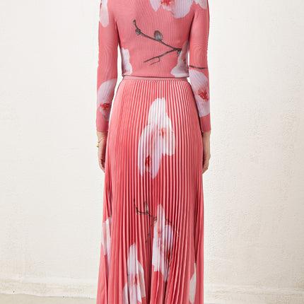 European and American Plus-Size Printed Pleated Top Two-Piece Set, New Fashion Youthful and Age-Reducing Skirt Set
