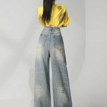 American Niche Retro Distressed Washed Ripped Jeans for Women, Loose High-Waisted Slimming Wide-Leg Floor-Length Pants