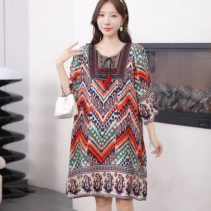 Extra Large Size Ethnic Style Round Neck Three-Quarter Sleeve Dress Loose Embroidered Flower Cotton Silk Travel Beach Skirt for Women