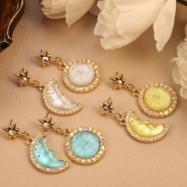New Cross-Border Bohemian Sun and Moon Earrings Moonstone Asymmetric Earrings Diamond Gemstone Star Earrings