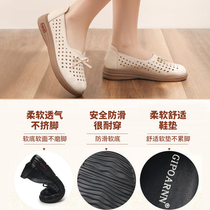 Mom's Shoes, Single Shoes for Middle-Aged and Elderly, Soft-Soled, 2026 New Model, Summer Breathable Leather Shoes for Women, Hollow-Out Perforated Shoes, Sandals