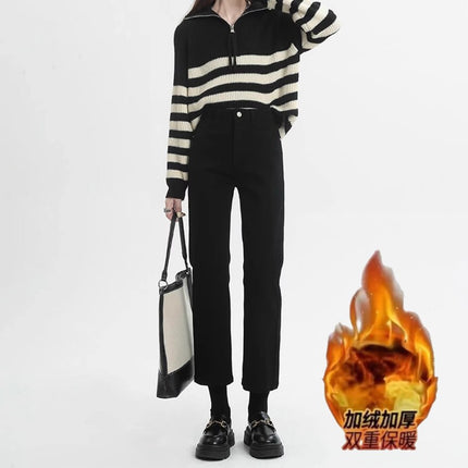 fleece-lined Thickened Black Straight-Leg Jeans Women's Trendy All-Match High Waist Slim-Fit Slim-Fit Hip Nine-point Smoke Tube Pants