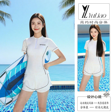 Sports Style 2025 Split Solid Color Suit Swimsuit Women's Short-Sleeved Quick-Drying High-End Slimming Look Hot Spring Vacation Swimsuit