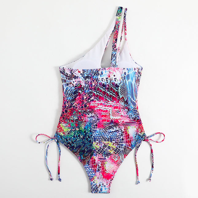 2025 European and American New Graffiti One-Shoulder One-Piece Printed Vacation Swimsuit Bikini Bikini Swimsuit Cross-Border