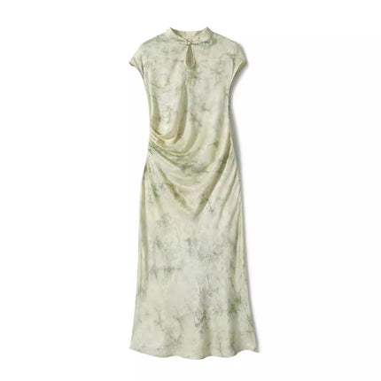 New Chinese Style Imitation Silk Improved Cheongsam dress 2024 Summer New Vintage National Style Green Midi Dress