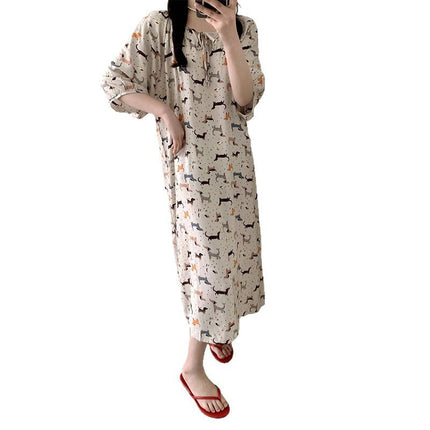 2026 New Cotton Silk Nightgown for Women, High-End Printed Short-Sleeved Long Dress, Large Size, Thin Style, Can Be Worn Outside as Loungewear