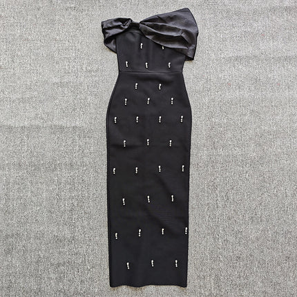 European and American Cross-border New Fashion Elegant Open-shoulder Light Luxury Nail Drill Elegant Elegant Bandage dress Evening Dress
