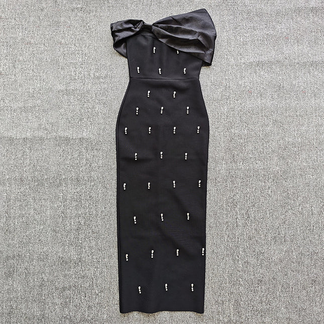 European and American Cross-border New Fashion Elegant Open-shoulder Light Luxury Nail Drill Elegant Elegant Bandage dress Evening Dress