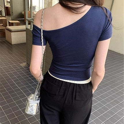 Pure Desire Off-Shoulder Short Sleeve T-Shirt for Women, Summer Short Crop Top, Slim Fit, Stretchy, Versatile