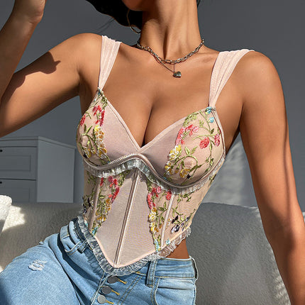 Cross-border French Slim Sling Fishbone Vest Foreign Trade European and American New Retro Flower Sexy Small Vest Top for Women