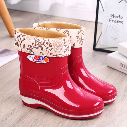 Rain Boots women's non-slip short water shoes fashion warm water boots adult low rubber shoes fleece-lined rain boots one-piece delivery