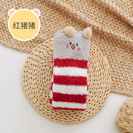 Coral fleece winter thickened socks women's Christmas socks cute cartoon home socks floor over-the-knee long women's socks ins