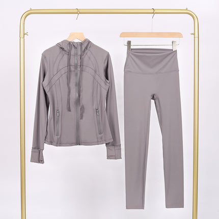 Lulu Df Stamped Hooded Jacket and Cropped Pants Set, Tight-Fitting Stretch Jacket with Gold Zipper, Fitness Yoga Outfit