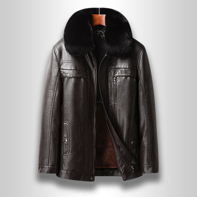 Cross-border plus size detachable liner men's leather jacket business casual dad's leather jacket fleece-lined thickened leather jacket