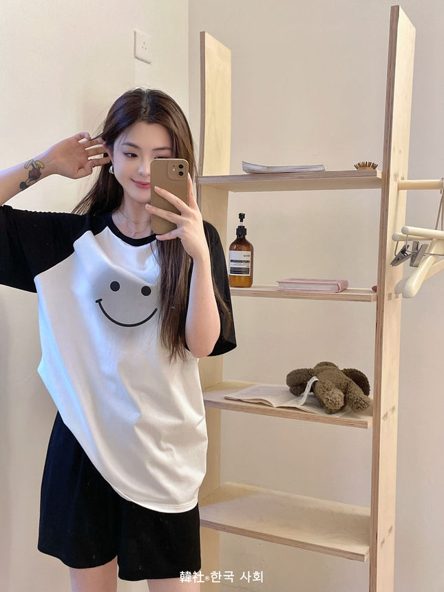 [Ice pure cotton contrast color smiley face home wear suit]]